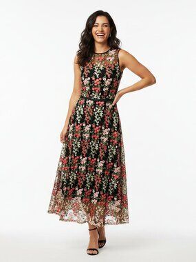 Tahari black embroidered floral dress, size 4